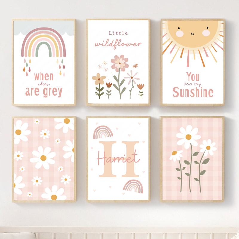 Resin Art Name - Pembe Kır Çiçeği Güneş Gökkuşağı Kreş